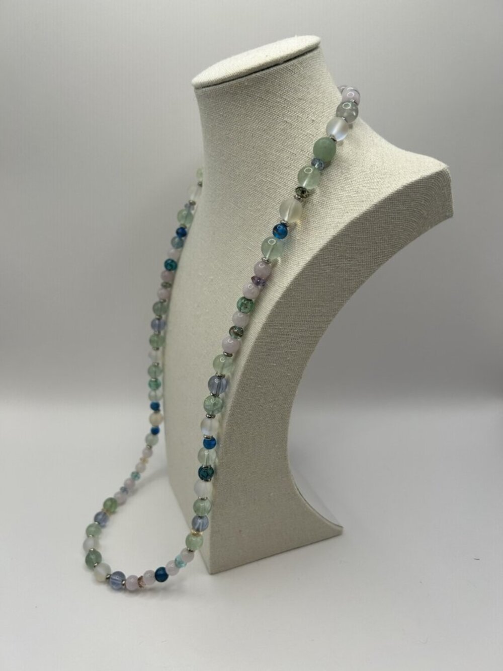 Vintage Glass Bead Necklace Pastel Green Blue Pink Long Silver Tone Cottagecore - Picture 3 of 9